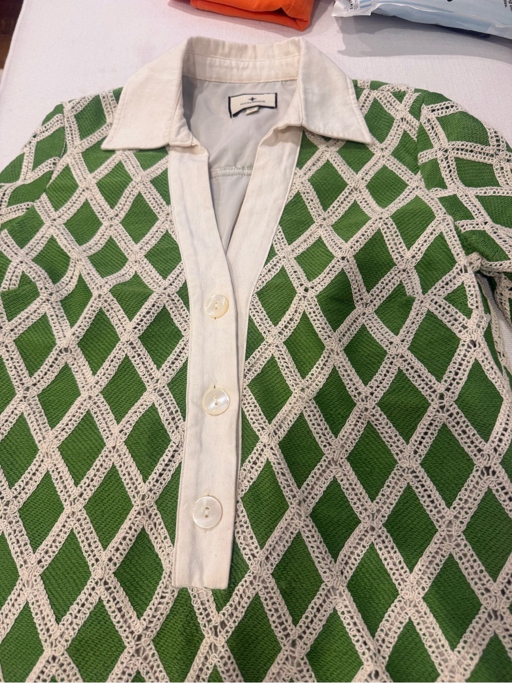 Tuckernuck Green and Cream Diamond Knit Button-Front Jacket